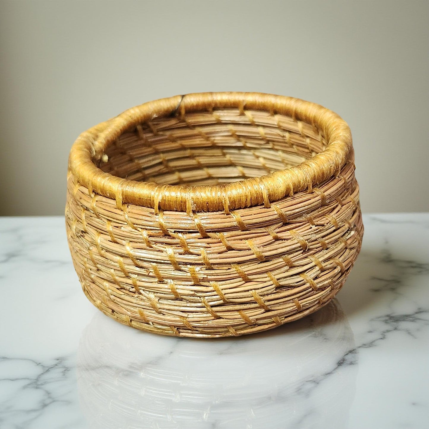 Boho Pine Needle Basket with Cermaic or Shell Base - Small Handcrafted Decor