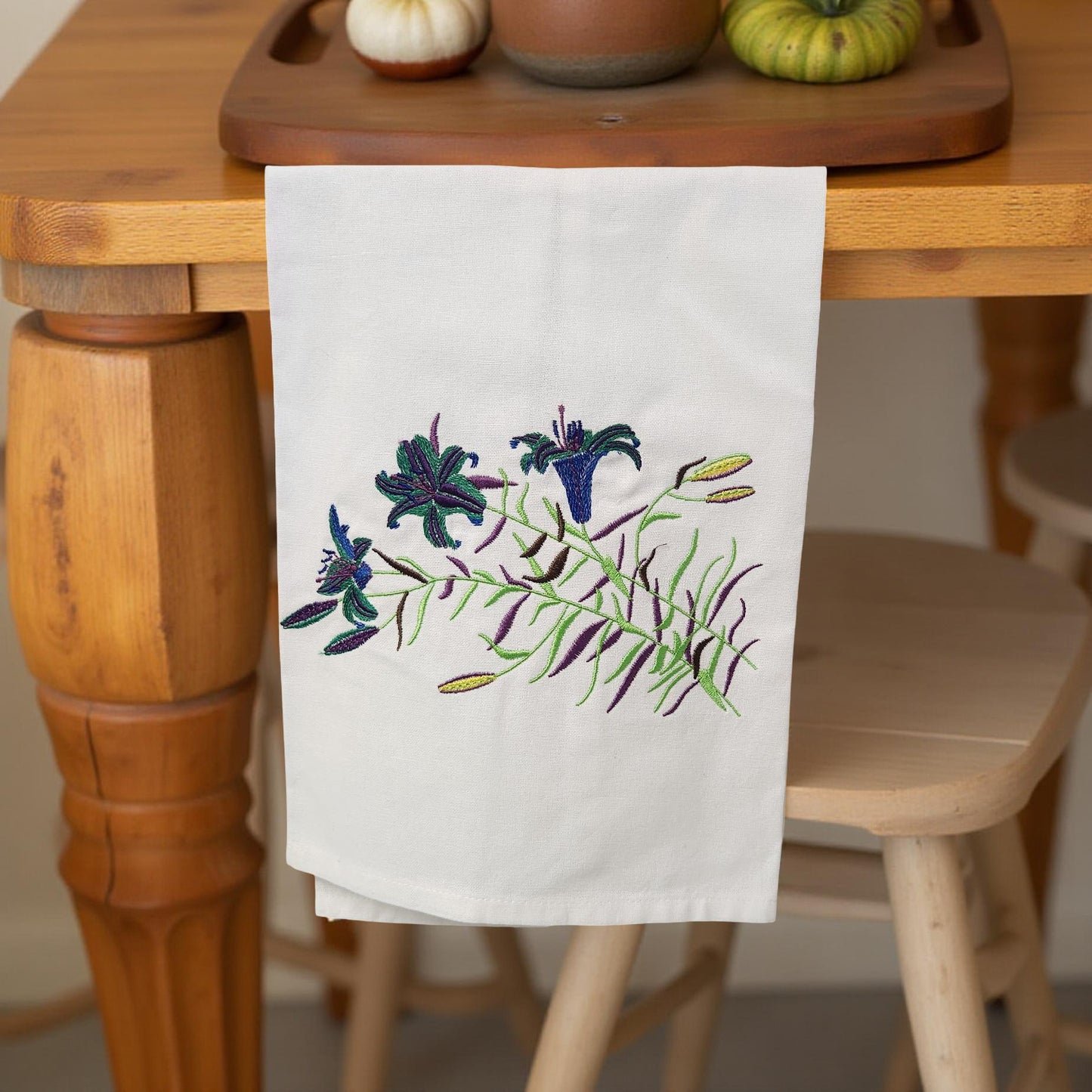 Hand-Crafted Embroidered Day Lily and Floral Theme Hand Towels