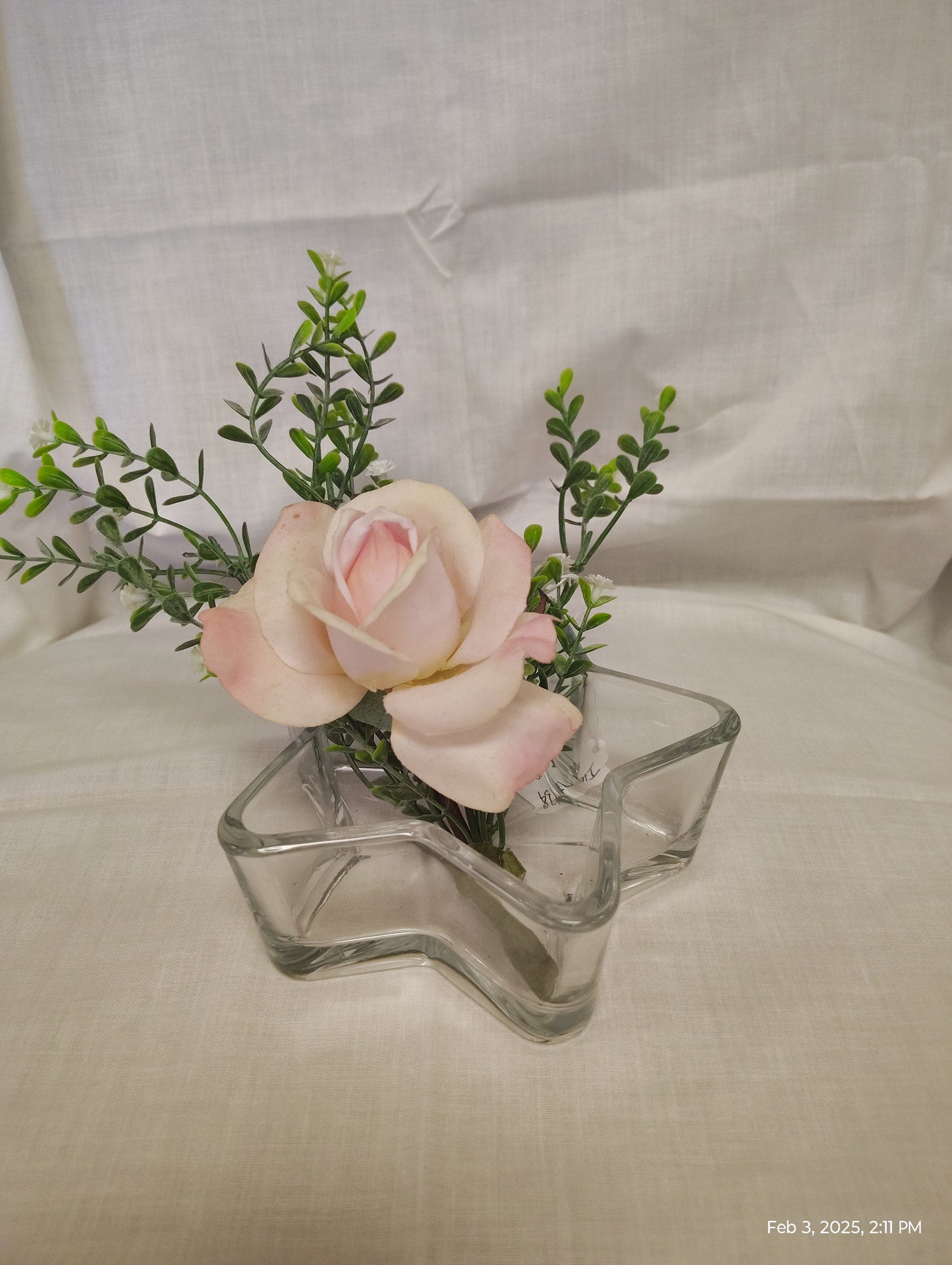Handmade Silk Pink Rose in Elegant Glass Star Container
