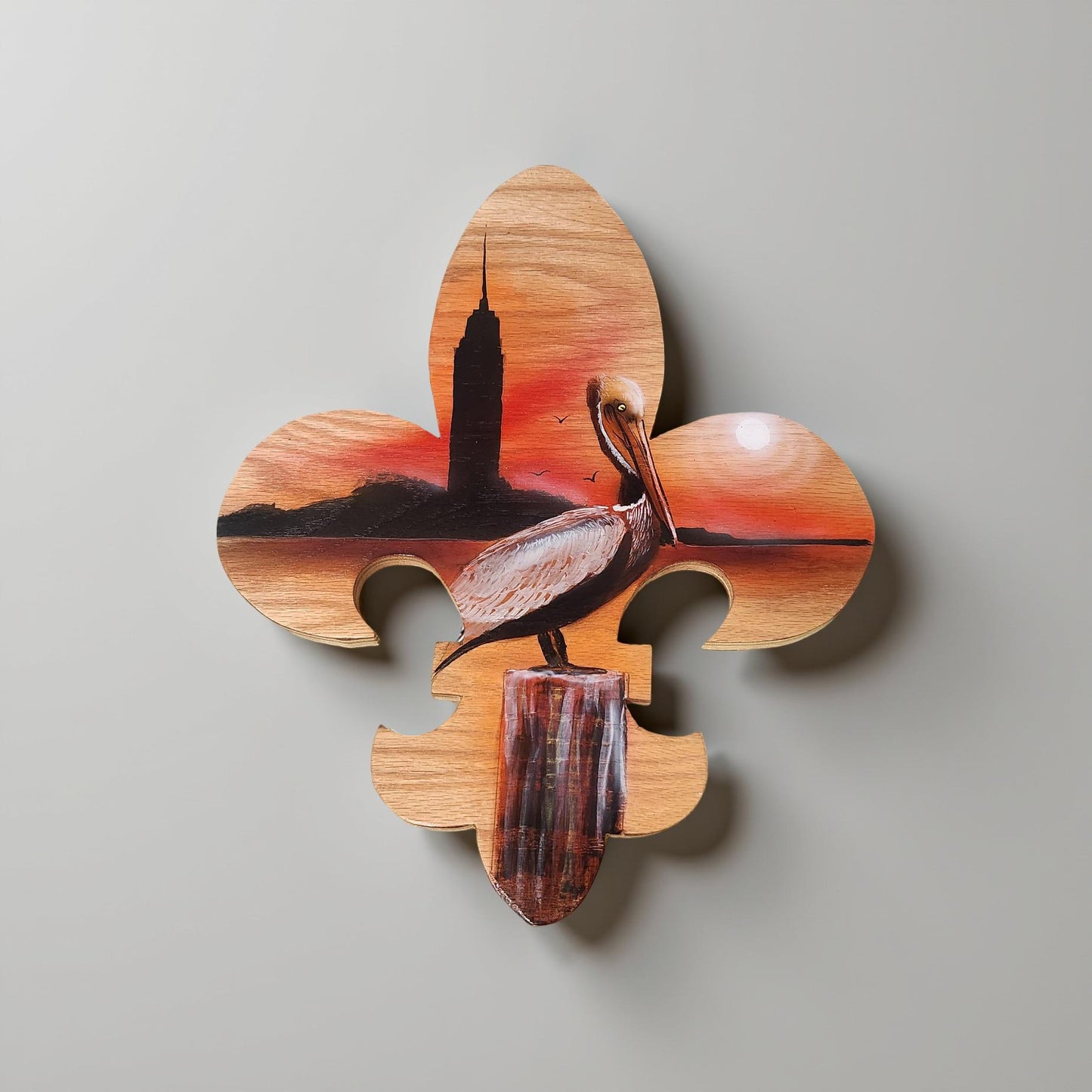 Hand-Painted Fleur de Lis Wall Plaque with Louisiana Scenery Featuring Pelican