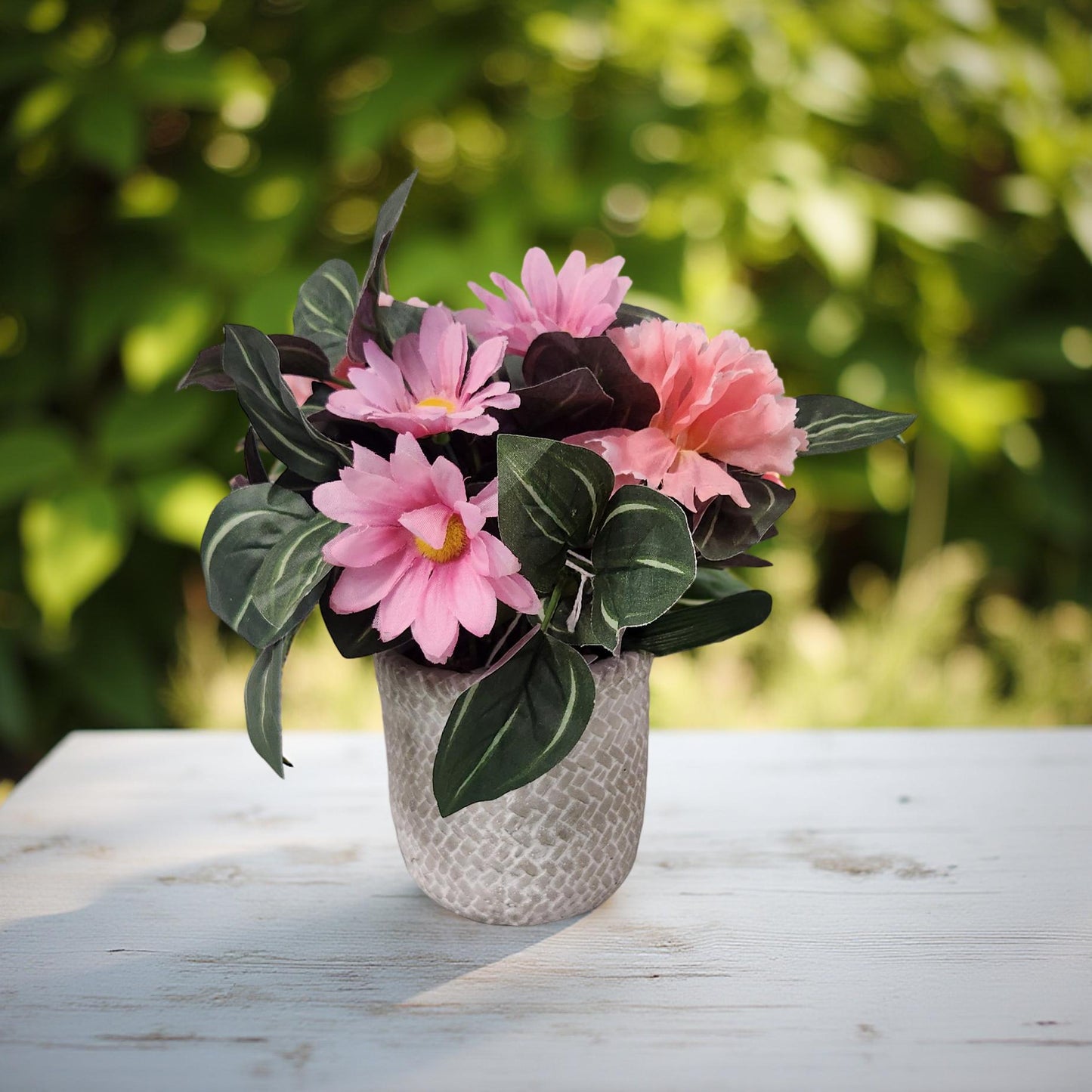 Pink Floral Centerpiece: Daisies in Grey Vase