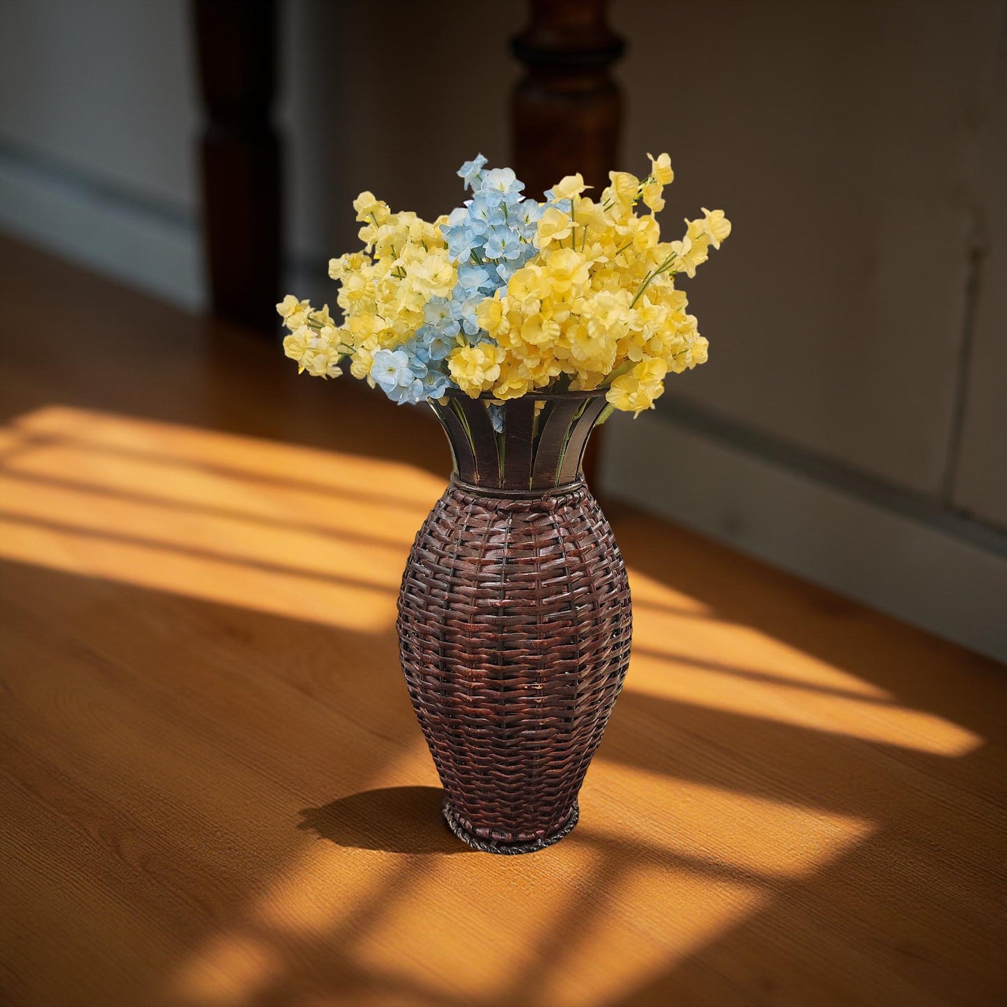 🌾 Wicker Vase with Blue and Yellow Flowers – Rustic Home Accent
