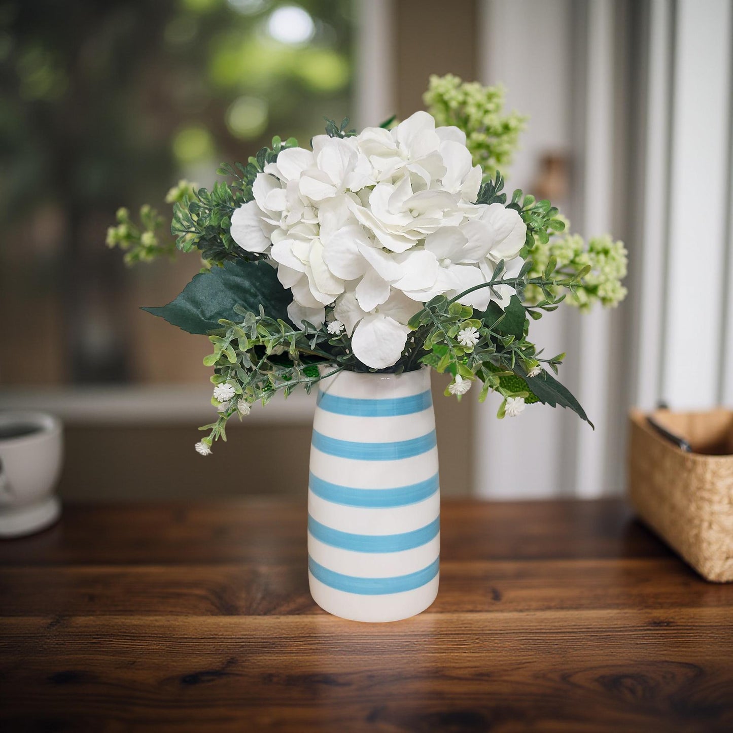 White Hydrangea Bouquet in Blue Teal and White Vase - Floral Home Decor