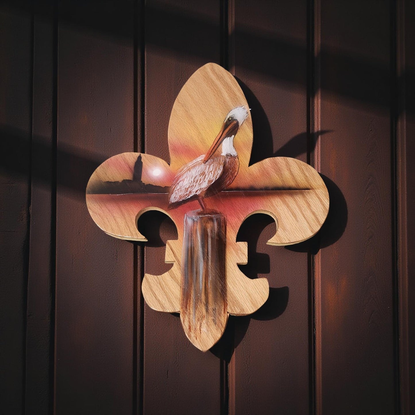 Hand-Painted Fleur de Lis Wall Plaque with Louisiana Scenery Featuring Pelican