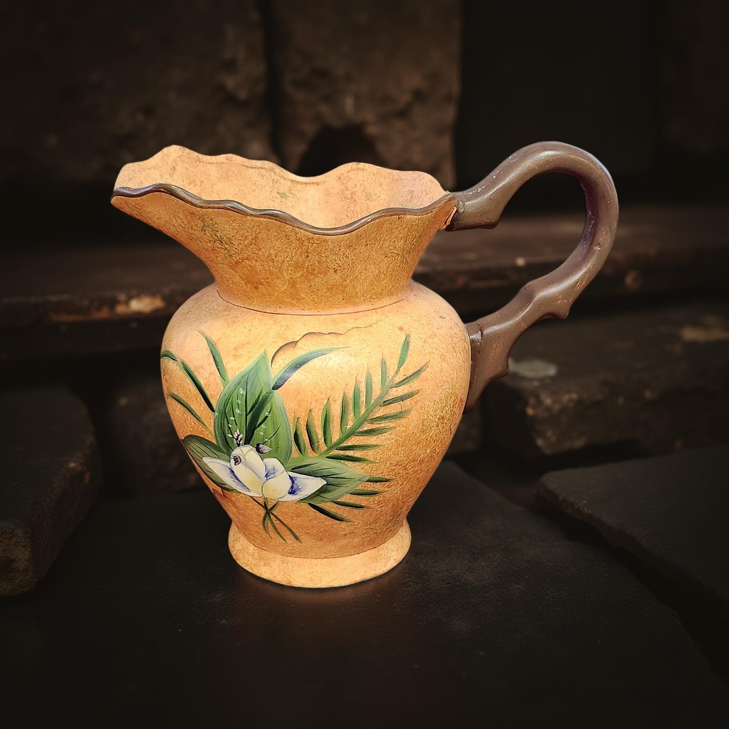 🌺 Tropical Floral Ceramic Pitcher – White Flowers & Ferns