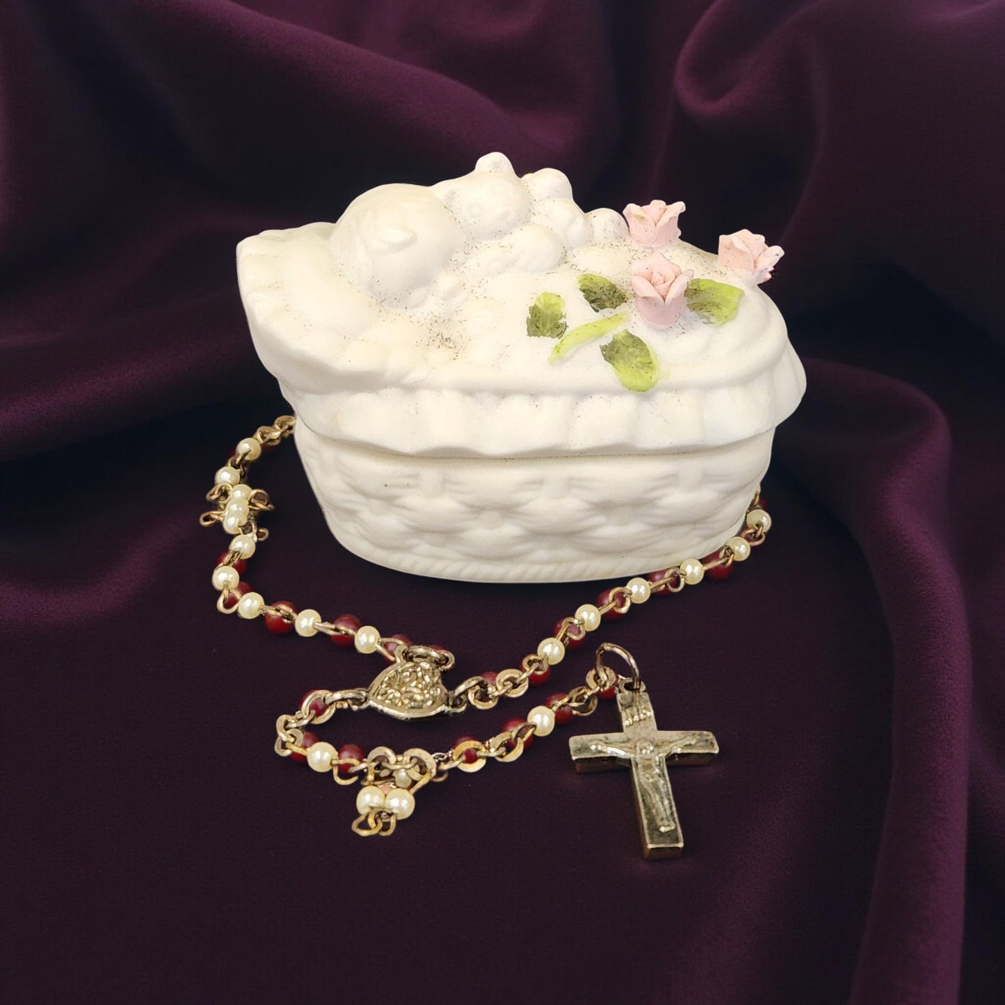 Unique Porcelain Keepsake Box with Baby's First Rosary