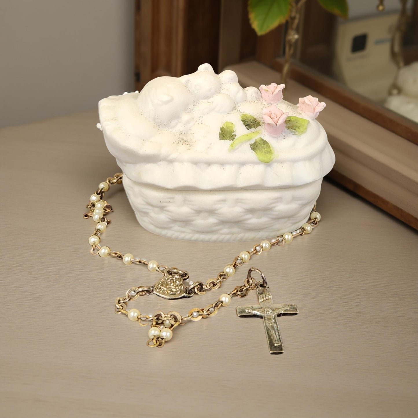 Unique Porcelain Keepsake Box with Baby's First Rosary