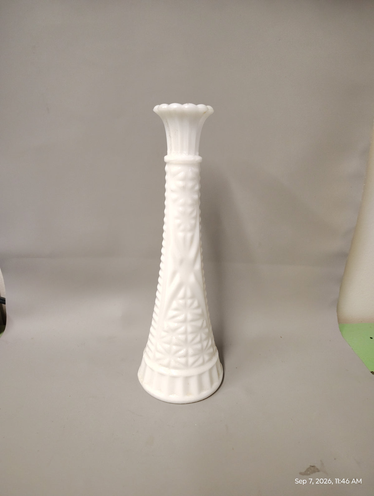 Vintage White Milk Glass Vase 9” Tall | Embossed Floral Bud Vase | Scalloped Rim | Cottage Farmhouse Decor