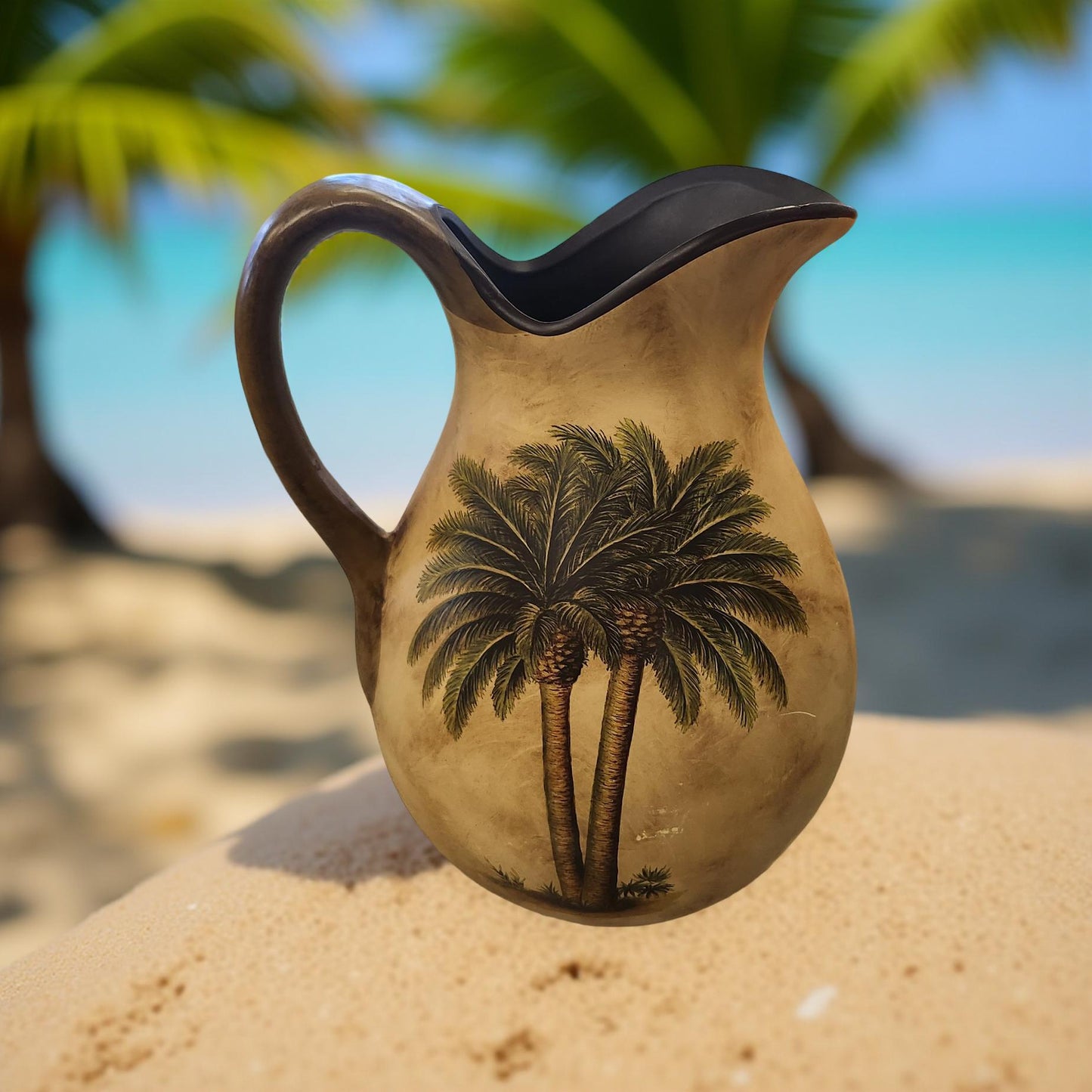 🌴 Palm Tree Ceramic Pitcher – Tropical Brown & Green Accent