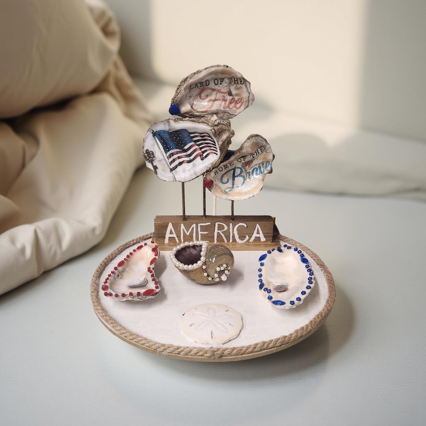 Patriotic Oyster Shell Hand-Crafted Display - Stars and Shells
