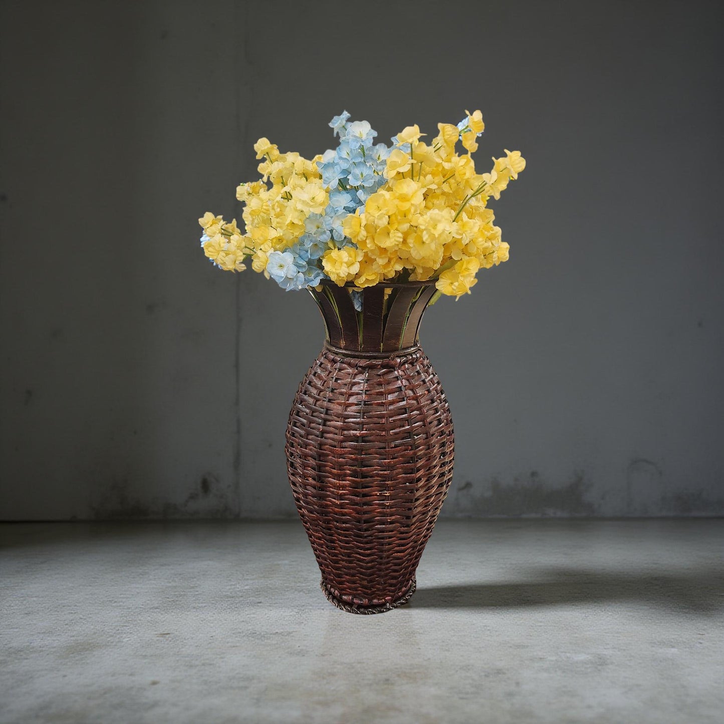 🌾 Wicker Vase with Blue and Yellow Flowers – Rustic Home Accent