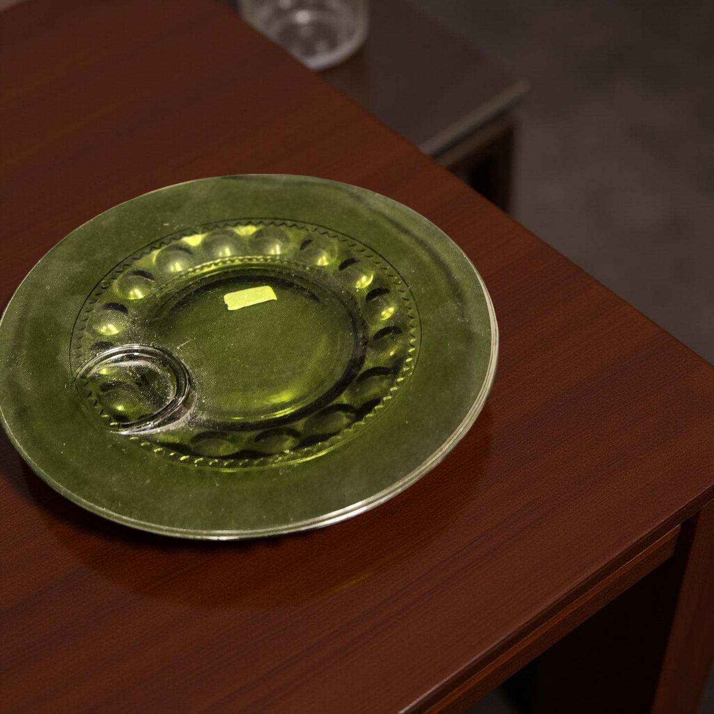 King's Crown Thumbprint Avocado Green Plate - Indiana Glass Company