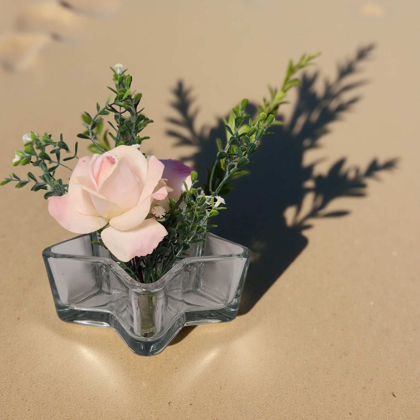Handmade Silk Pink Rose in Elegant Glass Star Container