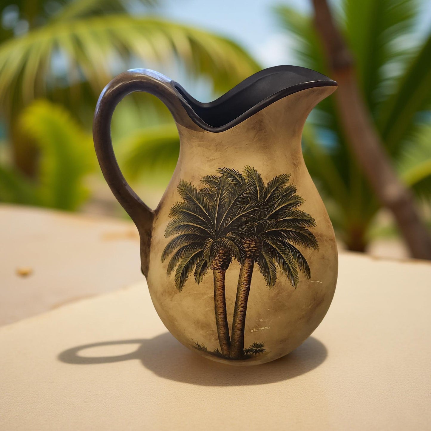 🌴 Palm Tree Ceramic Pitcher – Tropical Brown & Green Accent