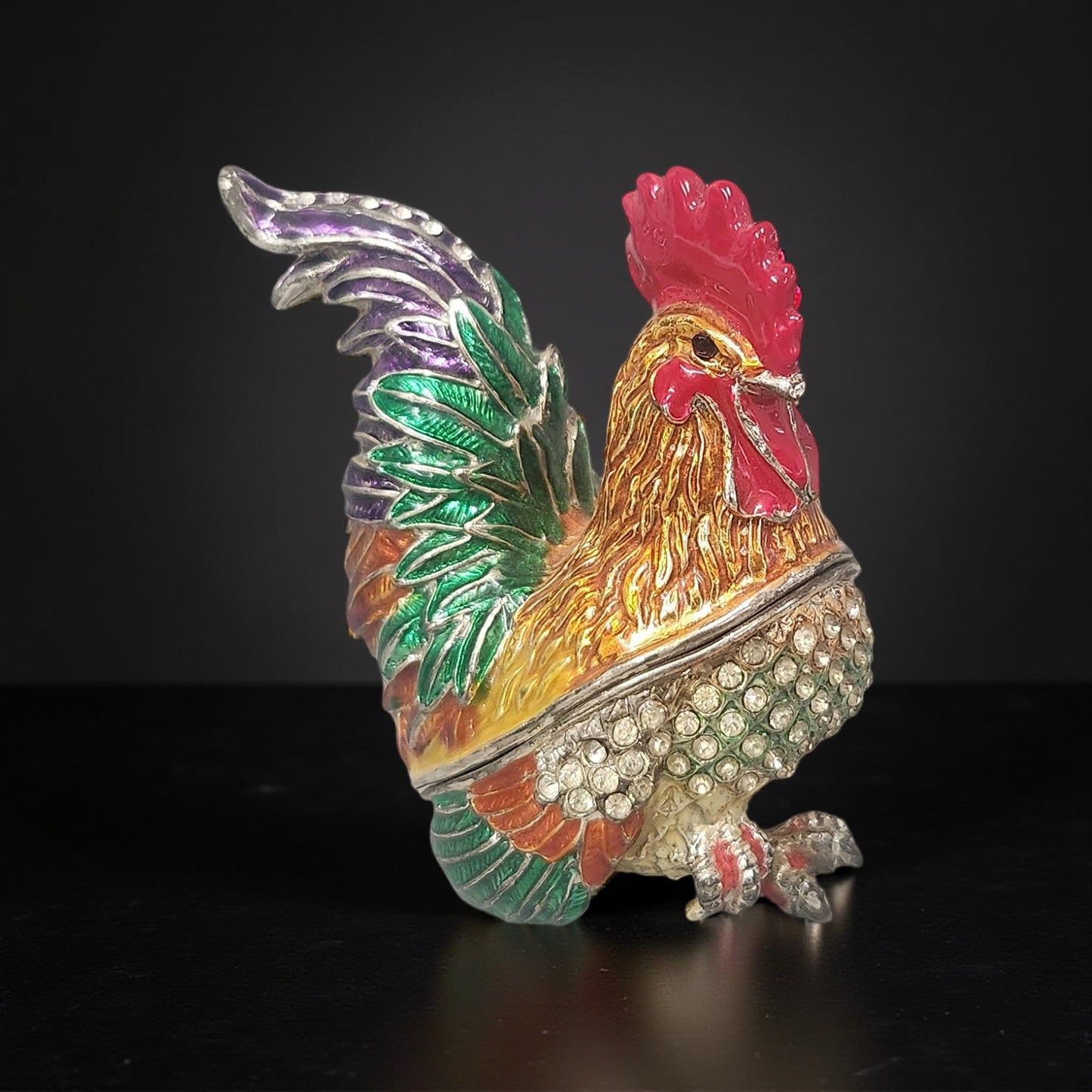 Enamel Rooster Trinket Box with Rhinestone Crystal Embellishments