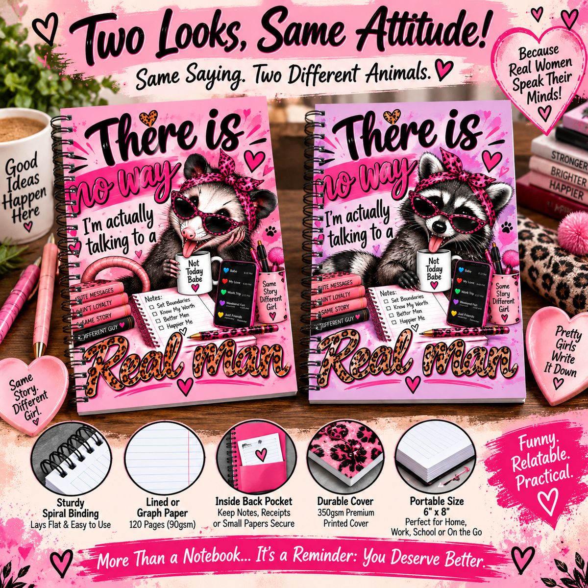 There Is No Way I’m Talking to a Real Man Spiral Notebook – Funny Opossum Dating Humor Notebook