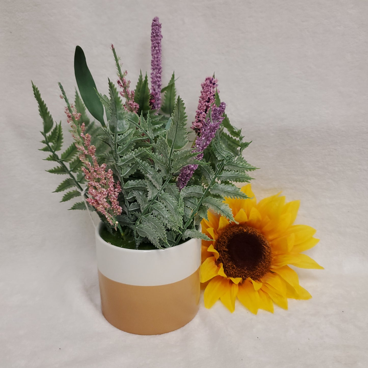 Purple Lilac Floral Arrangement in Brown and White Vase