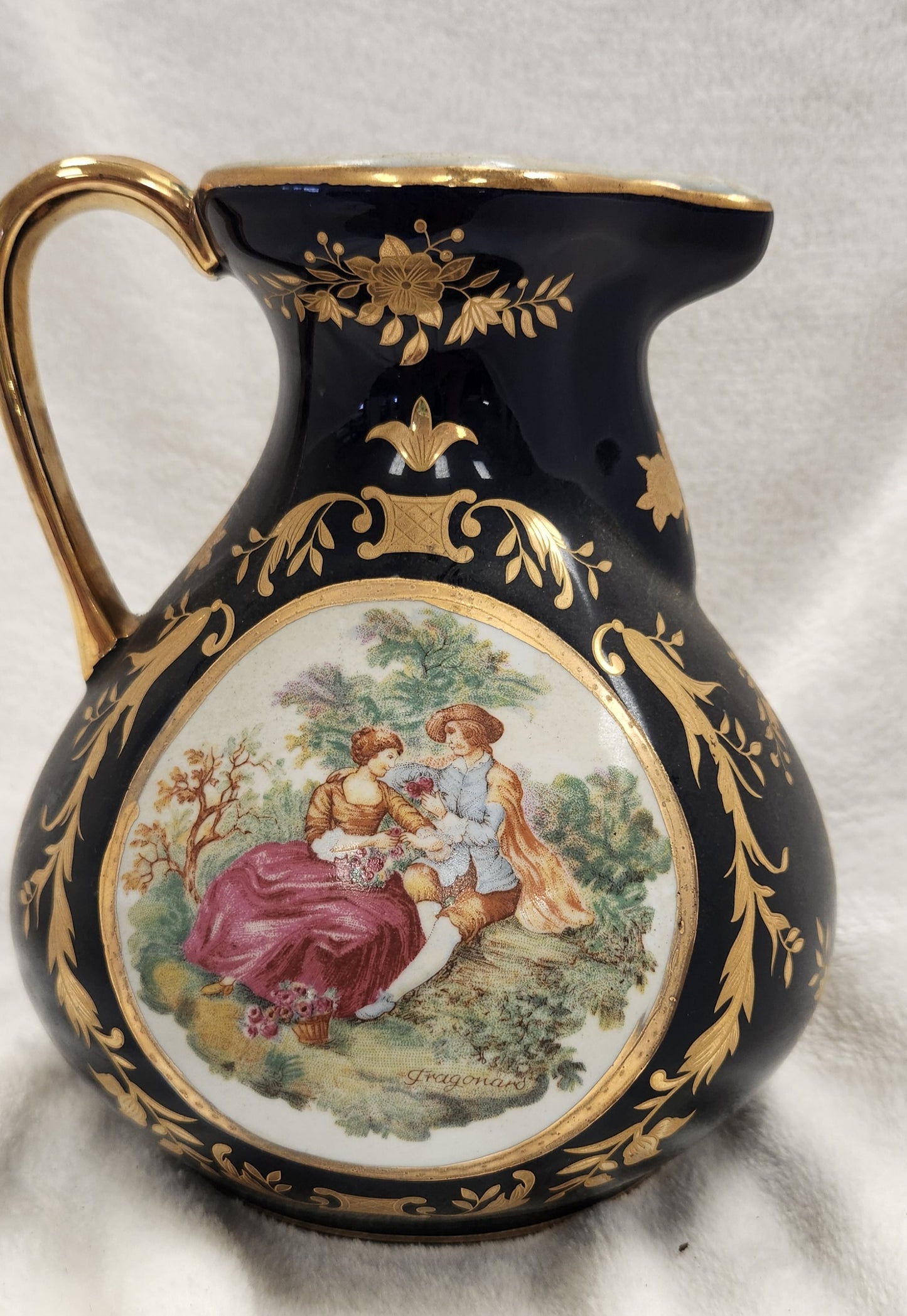 Porcelain Pitcher Vase Navy Blue and Gold