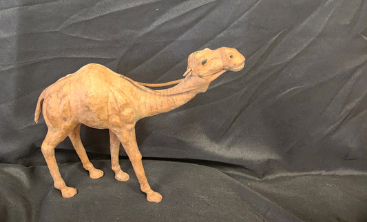 Leather Wrapped Camel Figurine 14" Dromedary Statue 1970s Vintage Brown Detailed