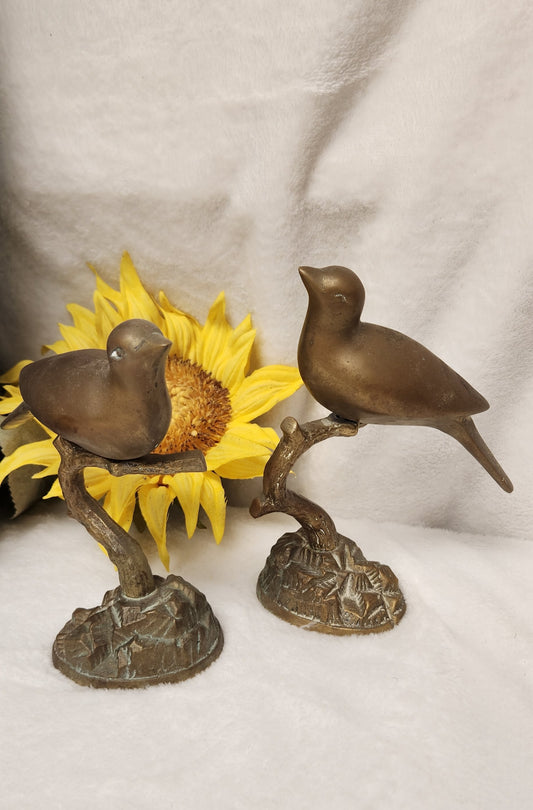 Set of Two Vintage Solid Brass Bird on Branch