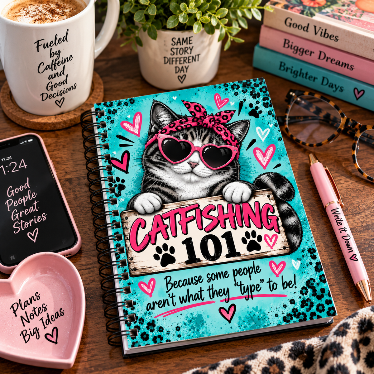 Catfishing 101 Spiral Notebook – Funny Online Dating Cat Notebook – Dating Disasters 6x8 Notebook