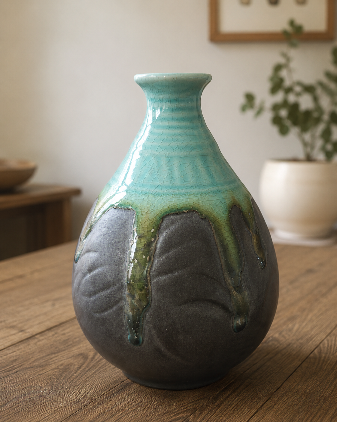 Vintage Drip Glaze Vase | Chocolate & Turquoise Art Pottery | Mid-Century Decor