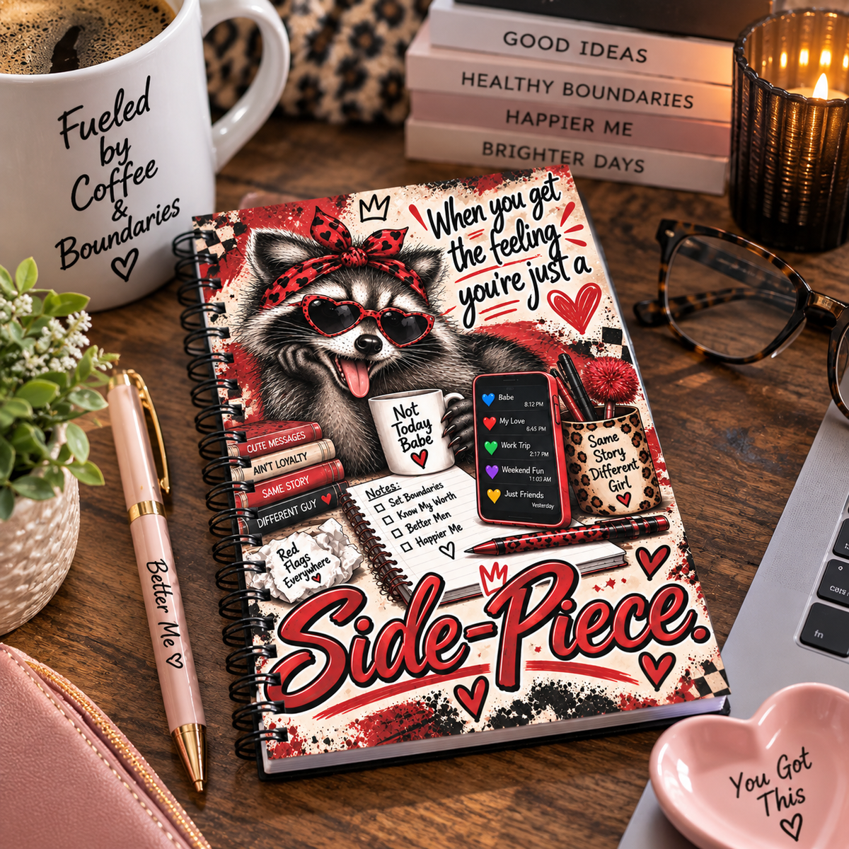 Side-Piece Raccoon Spiral Notebook – Funny Dating Disasters Journal – Red Flag Dating Humor Gift 6x8
