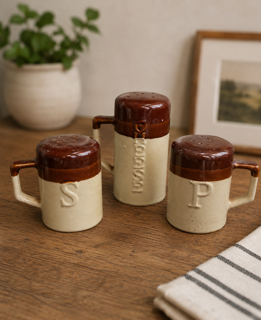 Vintage Ceramic Salt Pepper Cheese Set | Rustic Stoneware Condiment Set | Farmhouse Kitchen Decor