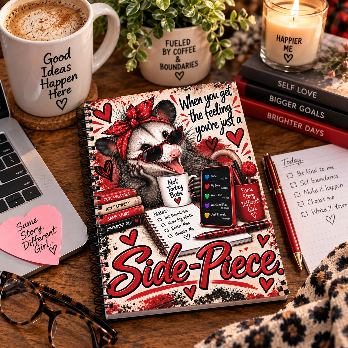 Side-Piece Spiral Notebook – Funny Opossum Dating Disasters Journal – Red Flag Dating Humor Notebook 6x8