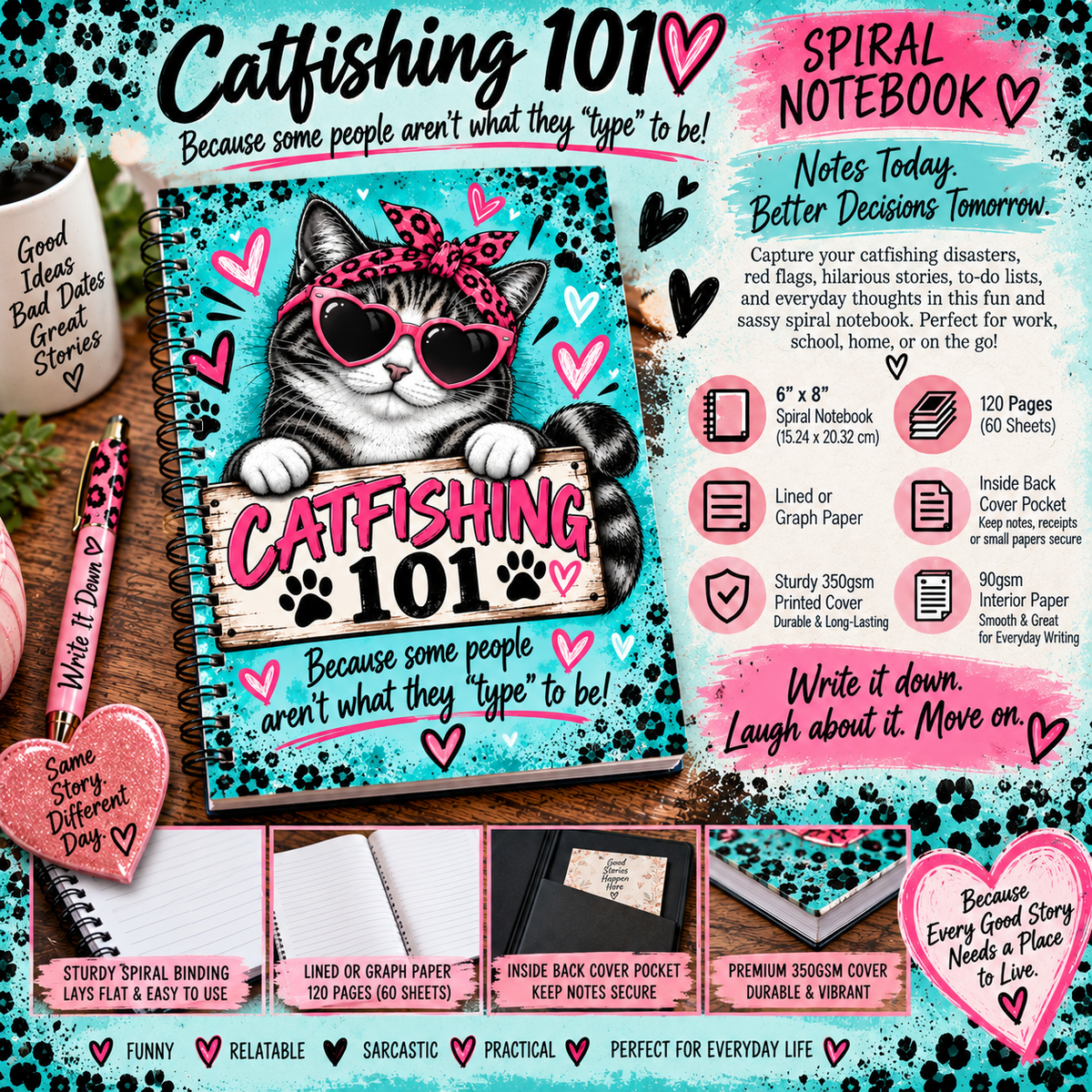 Catfishing 101 Spiral Notebook – Funny Online Dating Cat Notebook – Dating Disasters 6x8 Notebook
