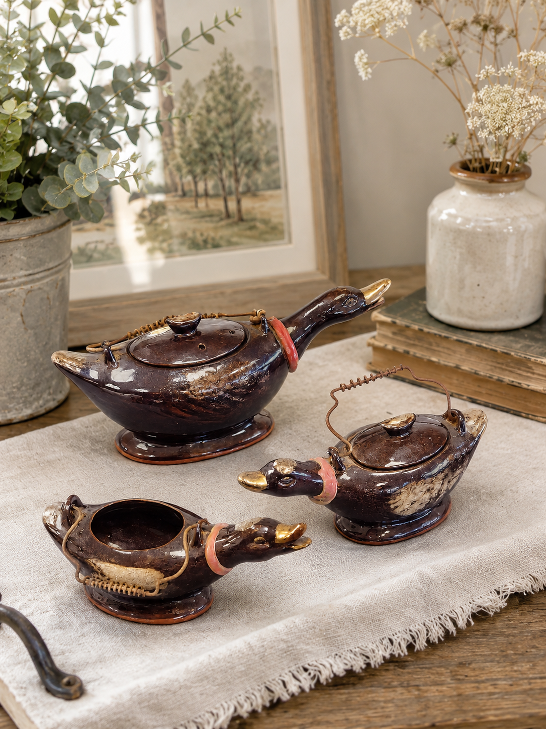 Vintage Japanese Redware Glazed Duck Serving Set – 3 Piece Duck Teapot, Creamer & Sugar Bowl