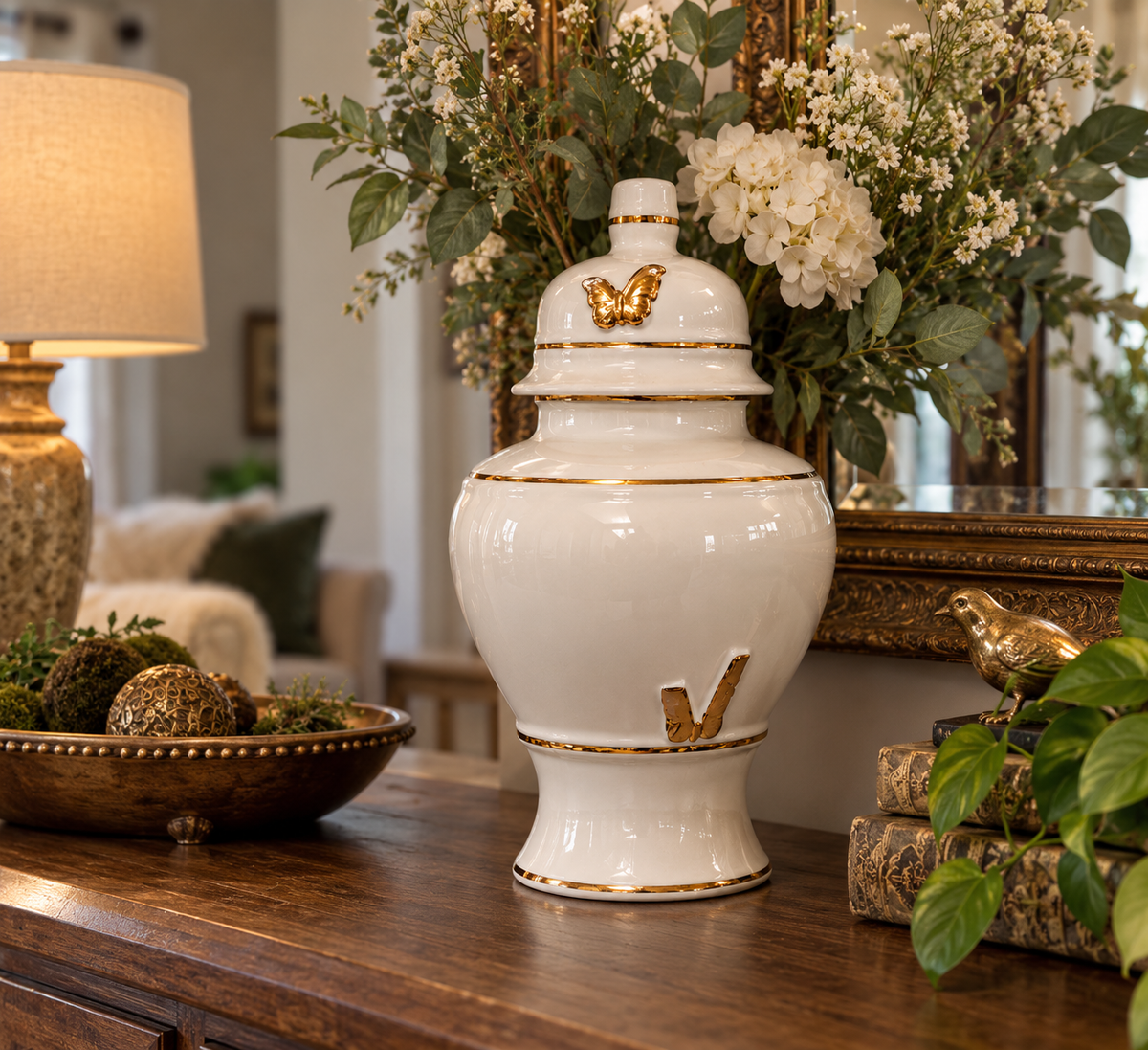 Vintage Made in Japan White & Gold Porcelain Ginger Jar 8” | Butterfly Lidded Vase | Japanese Decorative Urn