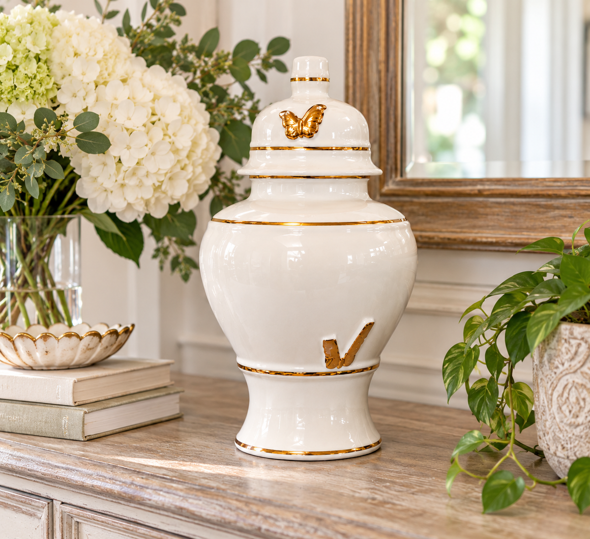 Vintage Made in Japan White & Gold Porcelain Ginger Jar 8” | Butterfly Lidded Vase | Japanese Decorative Urn