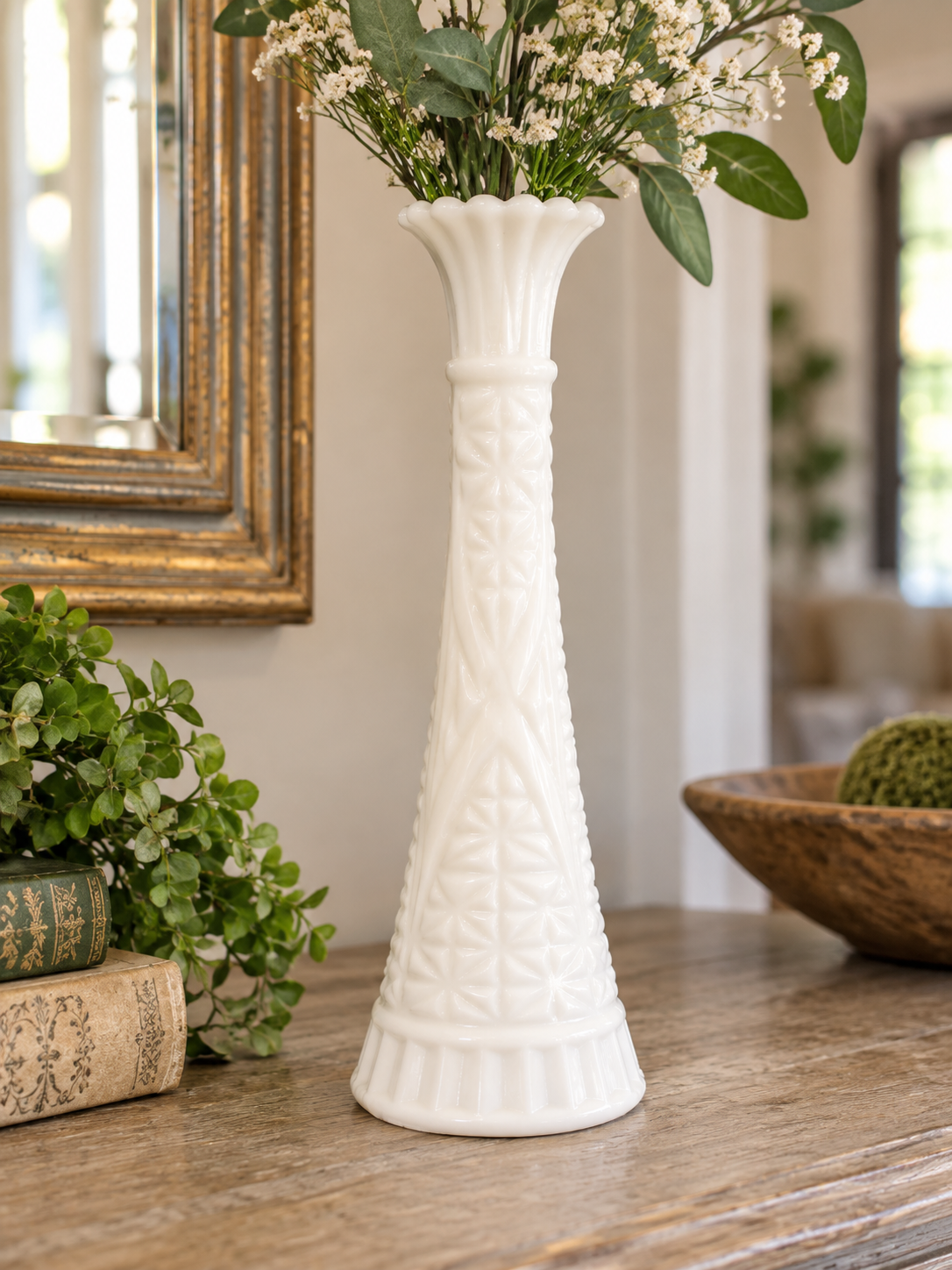 Vintage White Milk Glass Vase 9” Tall | Embossed Floral Bud Vase | Scalloped Rim | Cottage Farmhouse Decor