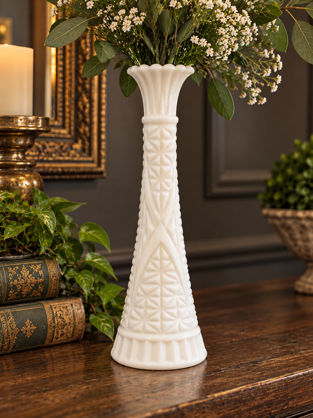 Vintage White Milk Glass Vase 9” Tall | Embossed Floral Bud Vase | Scalloped Rim | Cottage Farmhouse Decor