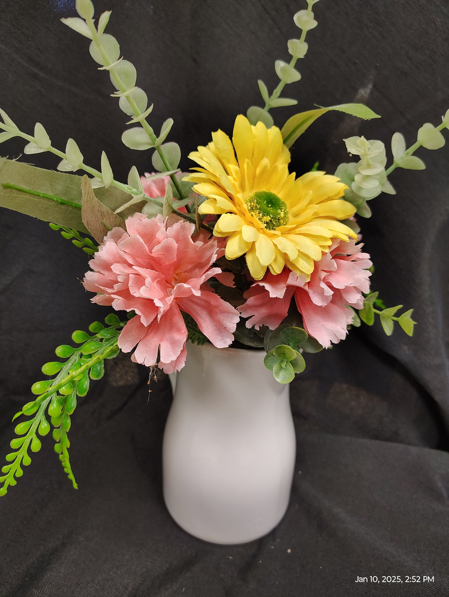 Vintage Style Milk Jug Vase with Colorful Spring Blooms
