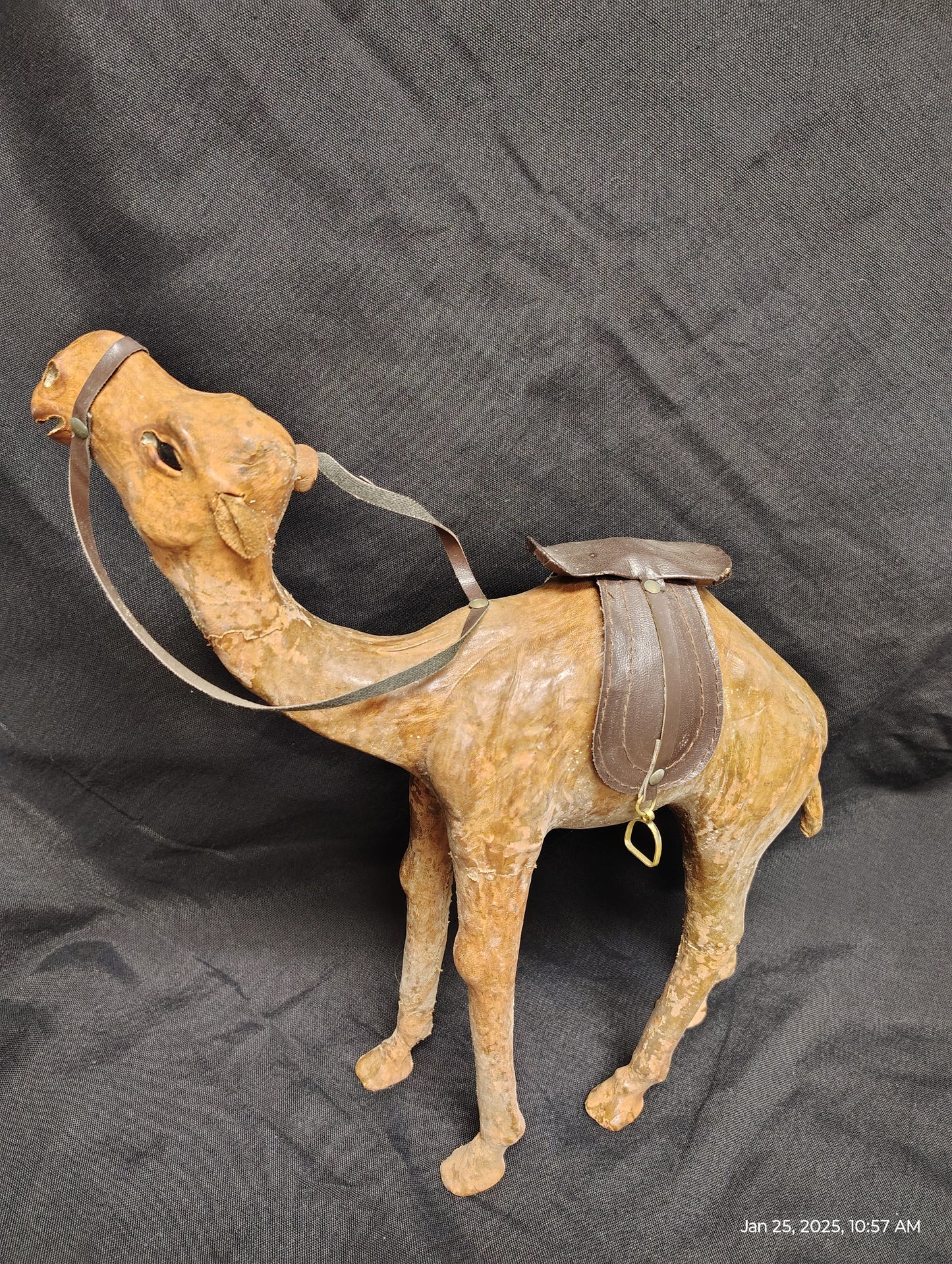 Leather Wrapped Camel Figurine 13" Dromedary Statue Vintage Brown Detailed