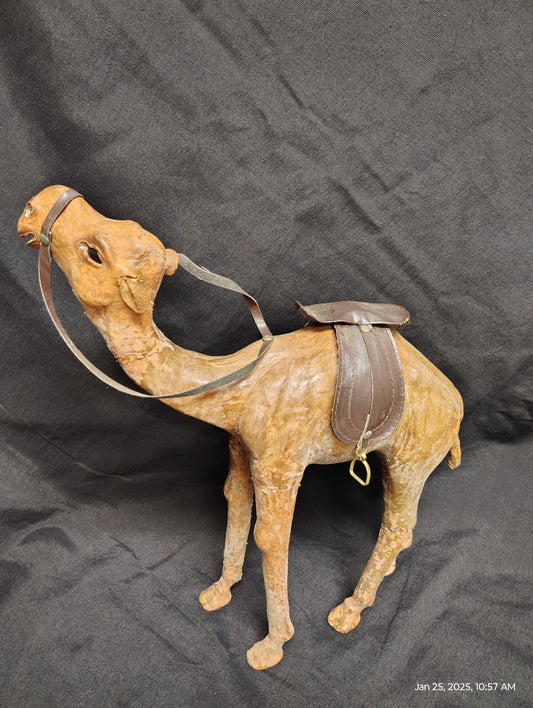 Leather Wrapped Camel Figurine 13" Dromedary Statue Vintage Brown Detailed