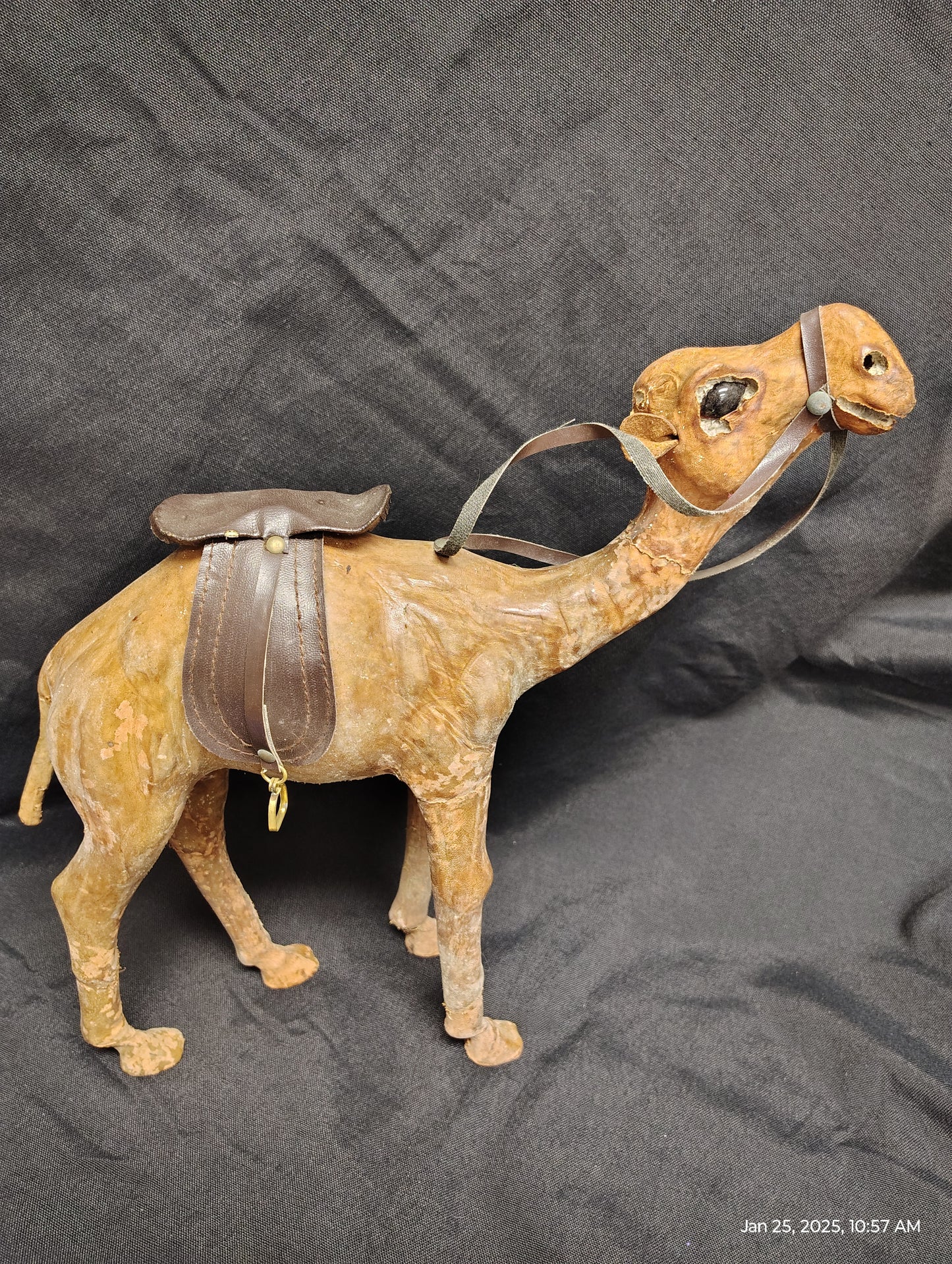 Leather Wrapped Camel Figurine 13" Dromedary Statue Vintage Brown Detailed