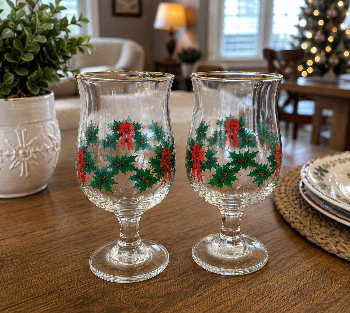 Vintage Libbey Arby's Holly Berry Christmas Wine Glasses