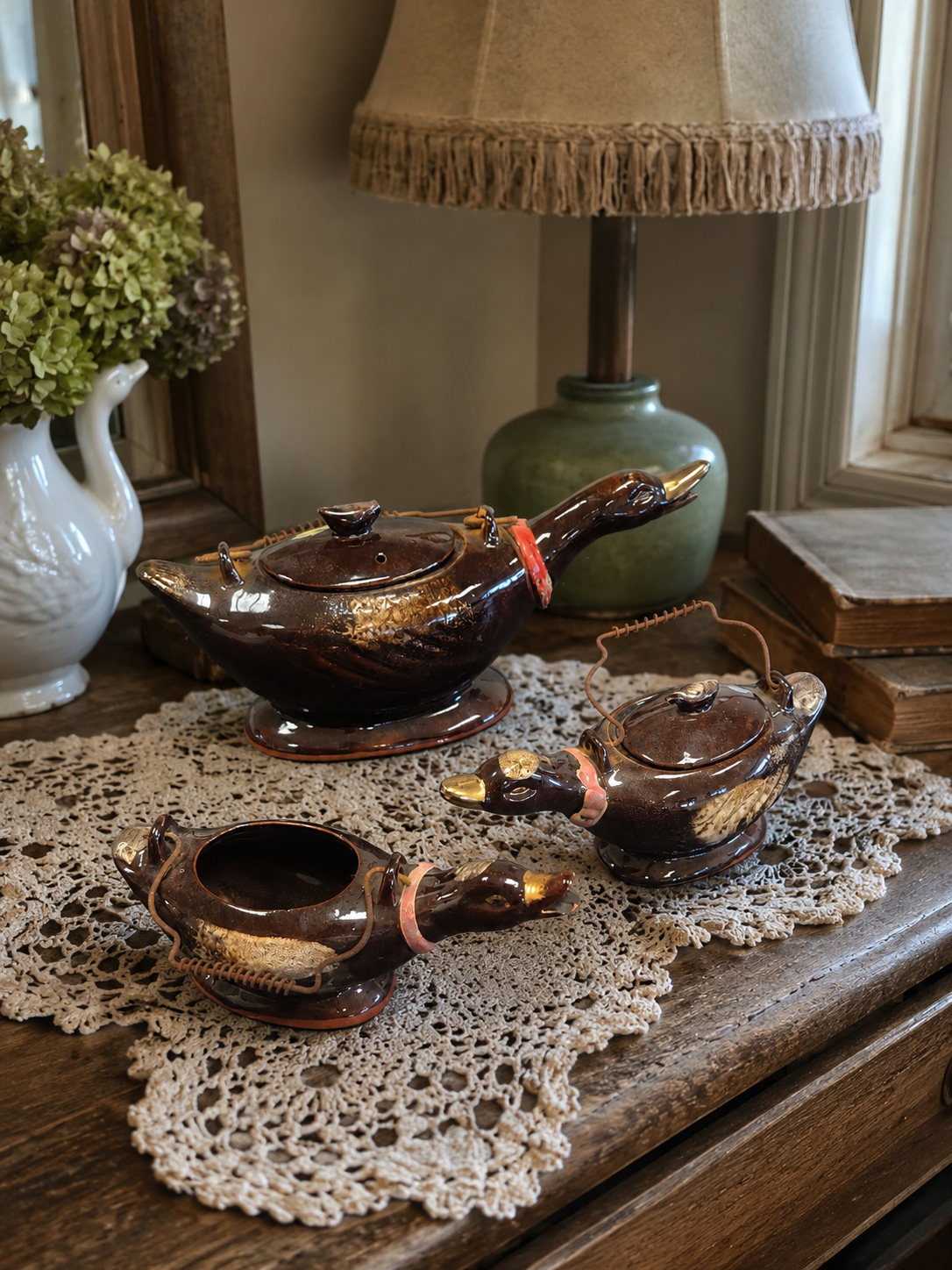 Vintage Japanese Redware Glazed Duck Serving Set – 3 Piece Duck Teapot, Creamer & Sugar Bowl