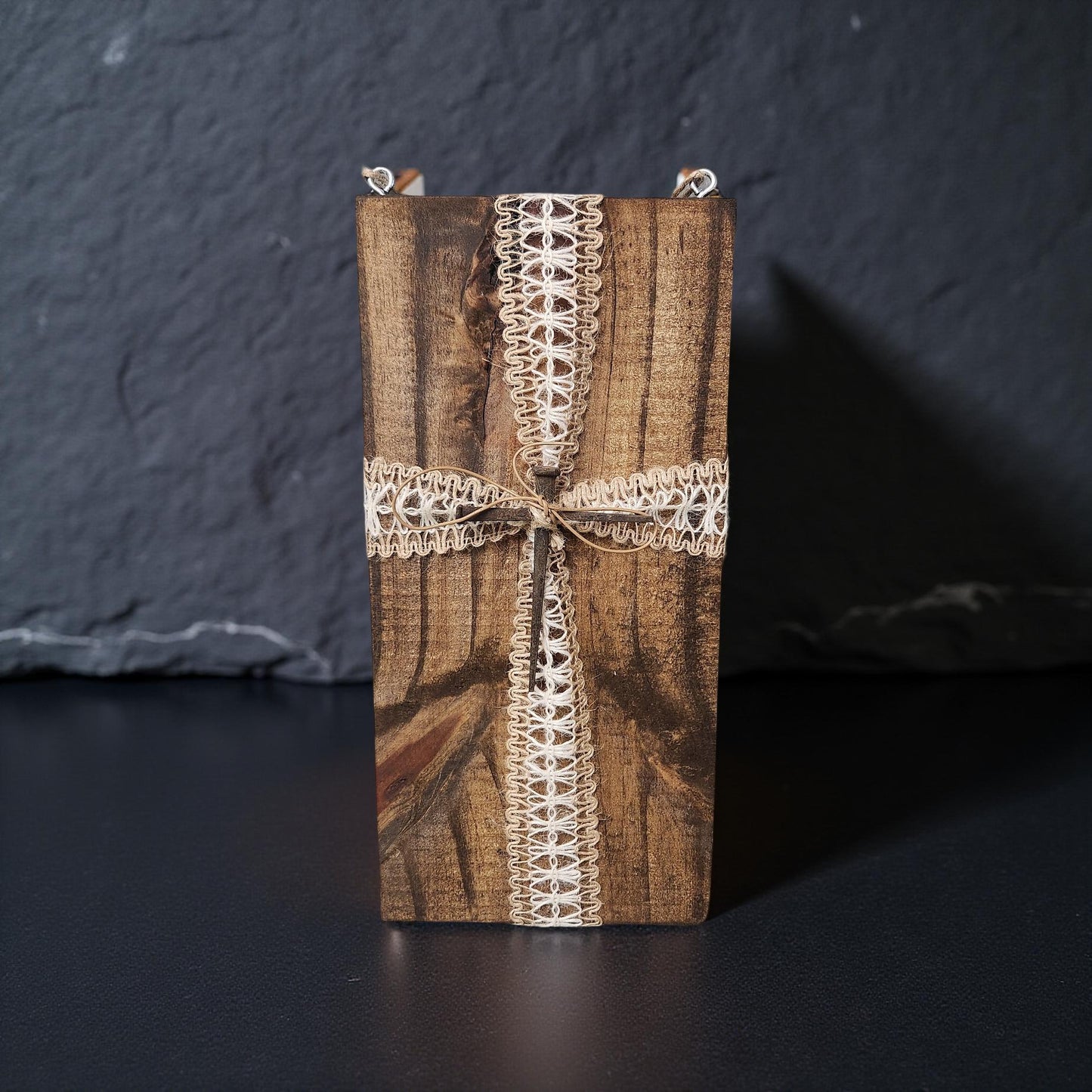 Rustic Hand-Crafted Cross Design on Wood Board Wall Art