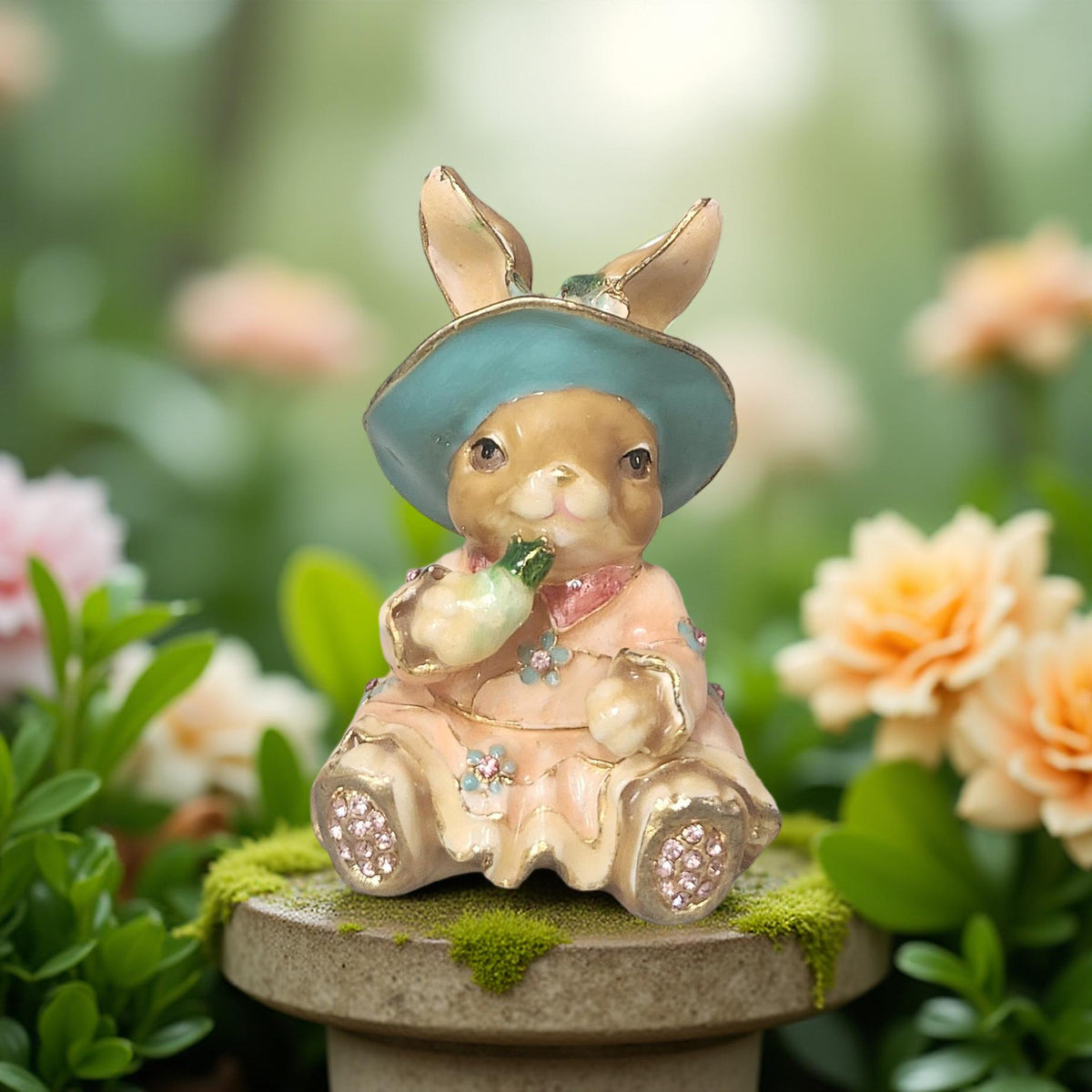 Trinket Rabbit Rabbit Trinket Box with Rhinestone Embellishments & Blue Hat ...