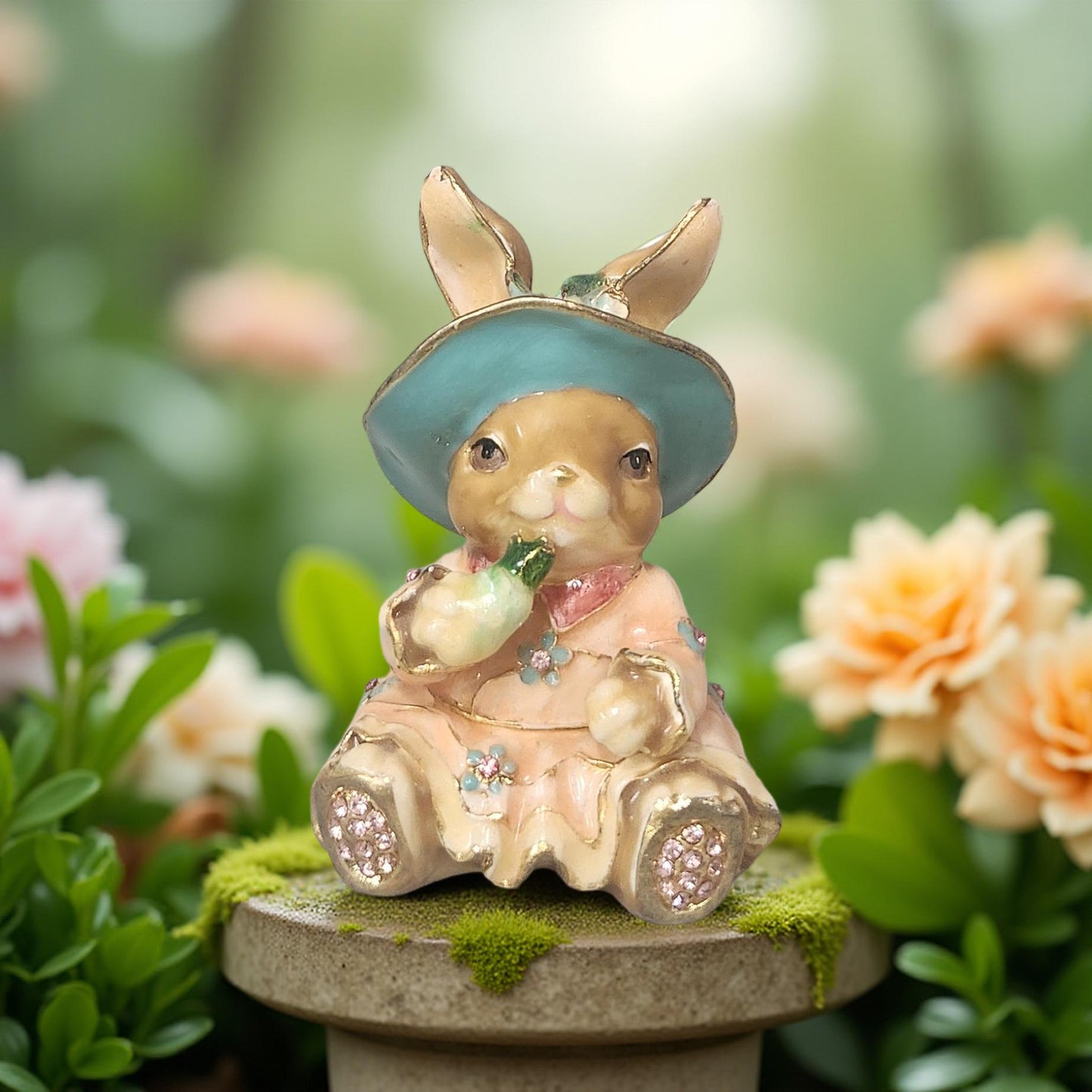Rabbit Trinket Box with Rhinestone Embellishments & Blue Hat