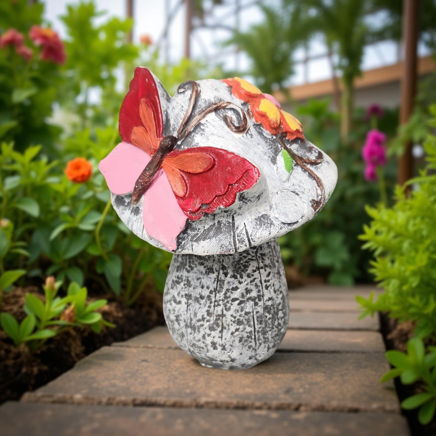 7″ Mushroom Garden Statue with Butterfly & Yellow Flower