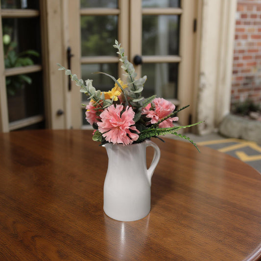 Vintage Style Milk Jug Vase with Colorful Spring Blooms