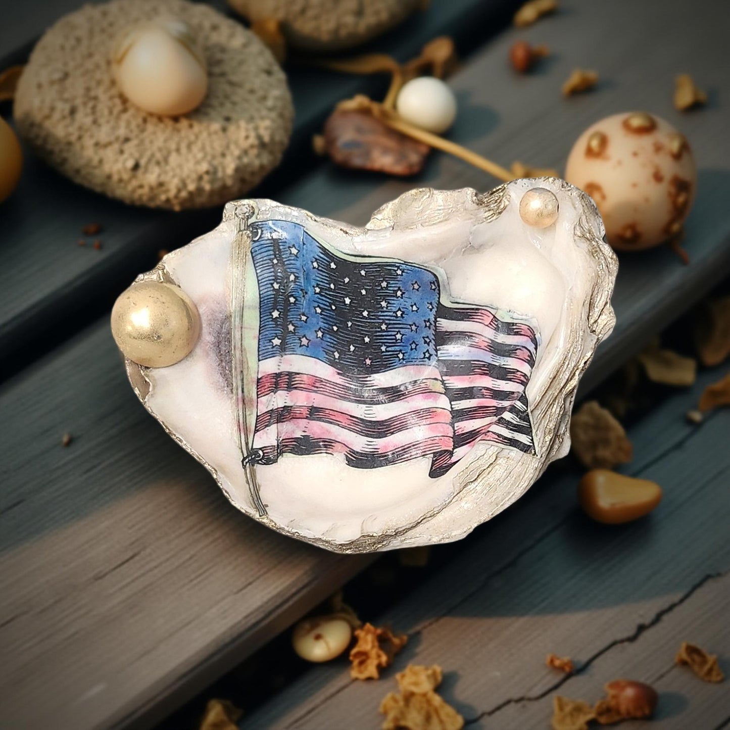 Patriotic Decorated Oyster Shells - Hand-crafted