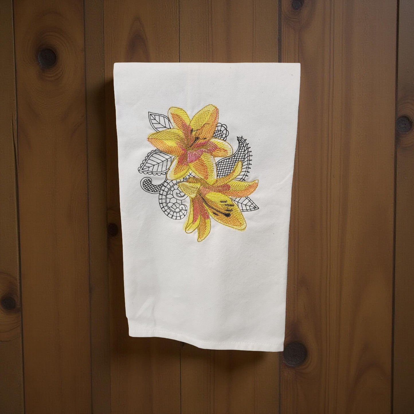 Hand-Crafted Embroidered Day Lily and Floral Theme Hand Towels