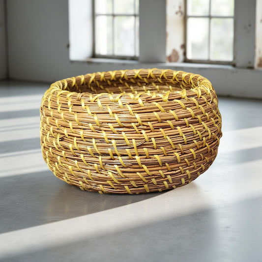 Boho Pine Needle Basket with Cermaic or Shell Base - Small Handcrafted Decor