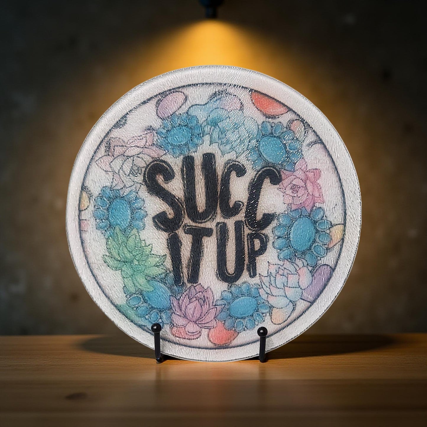 8″ Decorative Glass Round Cutting Board  - Fun Quotes